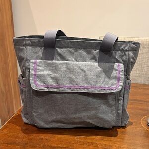 Gray Tote Diaper Bag with Purple Trim